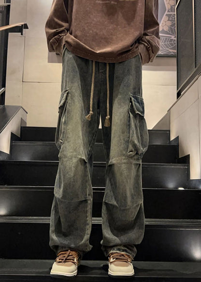 Elastic Waist Spring Blue Pockets New Pants Wrinkled Mens Denim