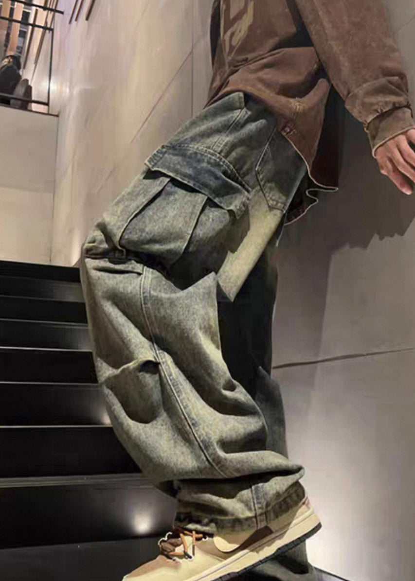 Elastic Waist Spring Blue Pockets New Pants Wrinkled Mens Denim