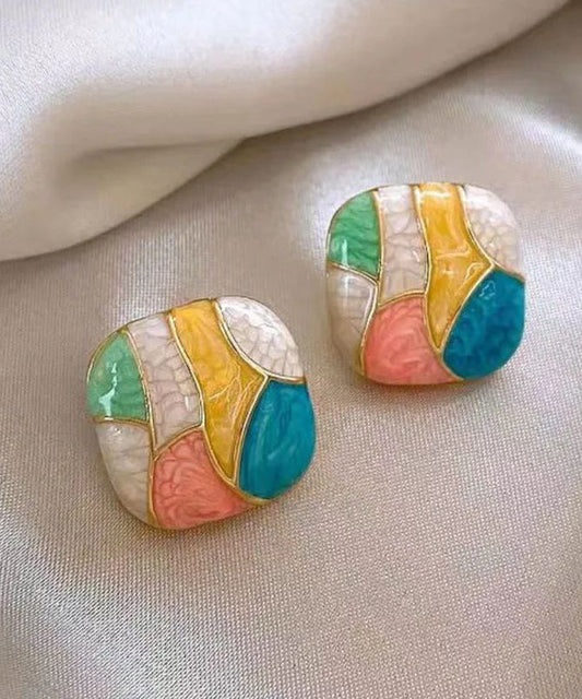 New Fashion Alloy Enamel Square Contrast Color Stud Earrings Female Sweet WH043