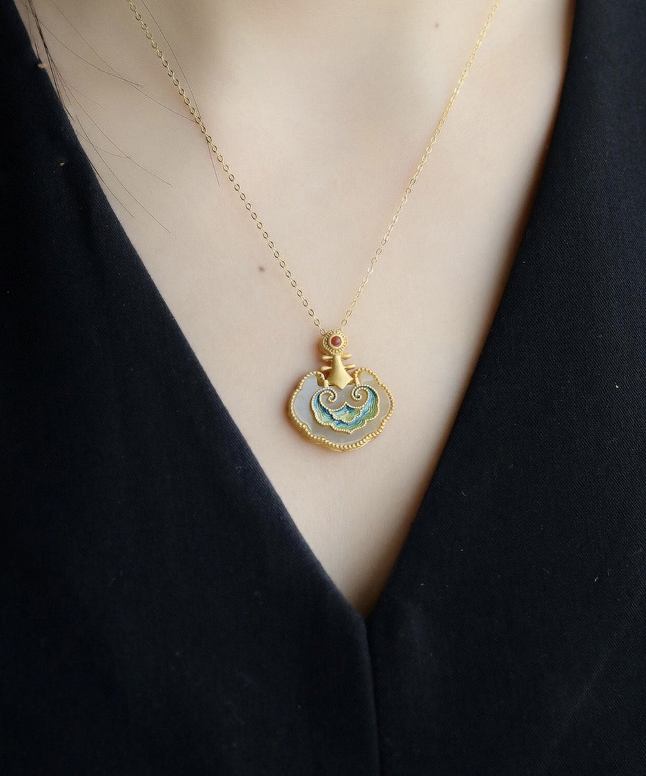 New Gold Ancient Gold Jade Enamel Pendant Necklace TX011