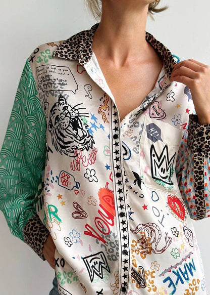 New Green Button Print Patchwork Cotton Blouses Spring FF103