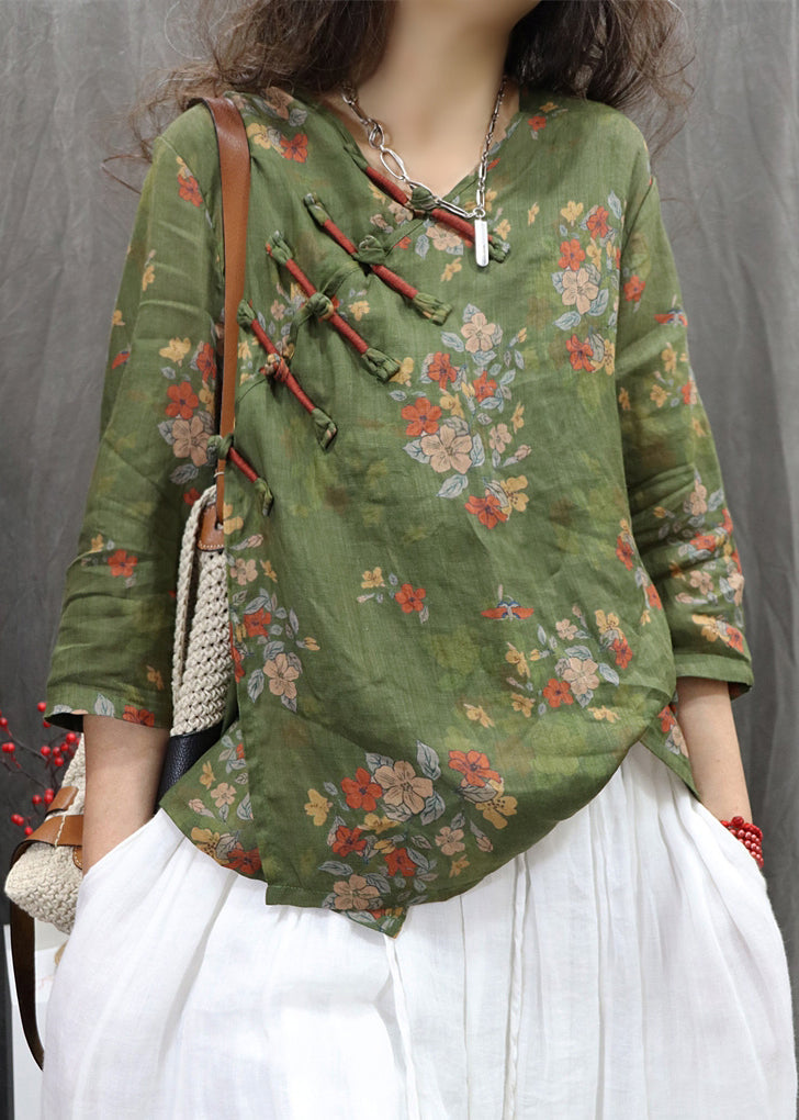 Green New Chinese Bracelet Print Button Linen Blouses Sleeve