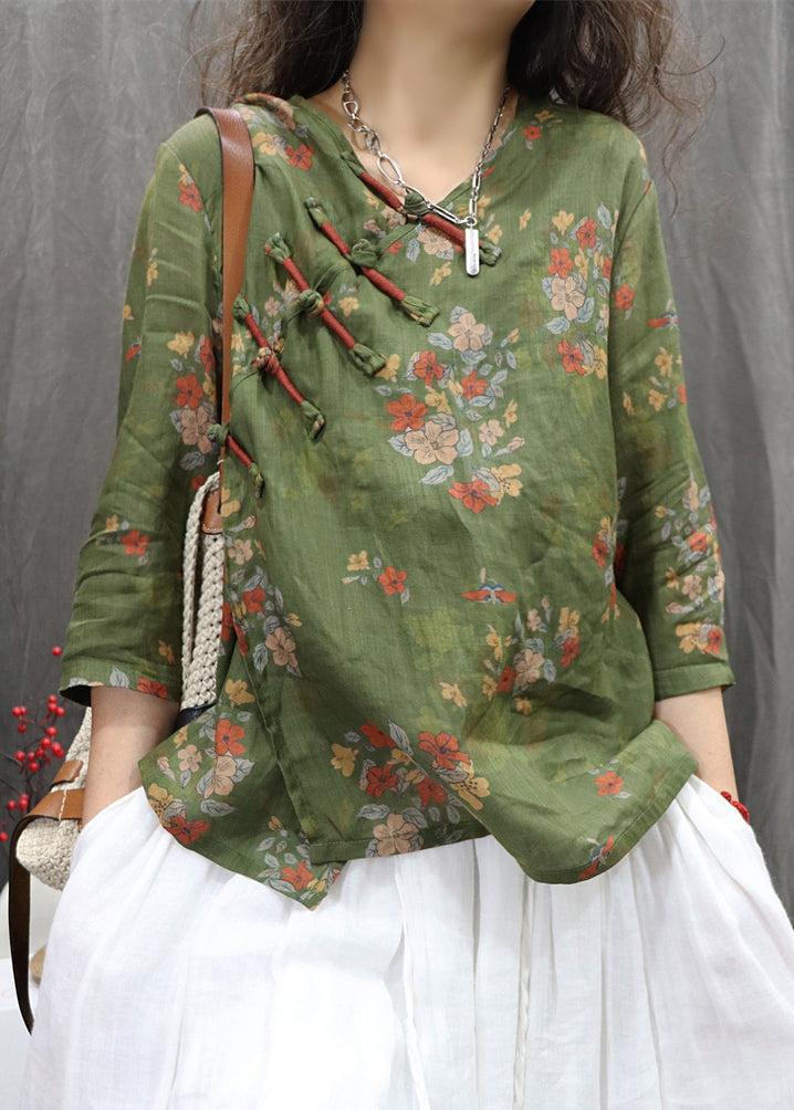 Green New Chinese Bracelet Print Button Linen Blouses Sleeve