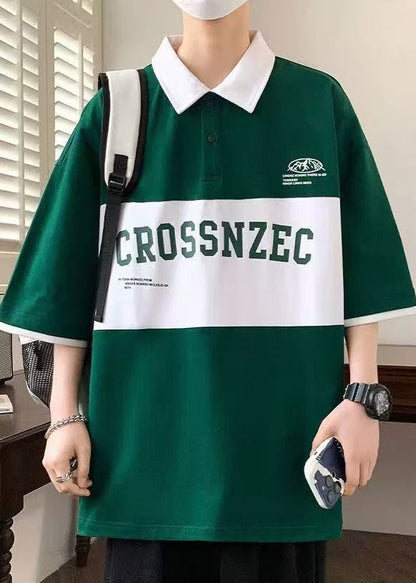 Sleeve New Green Cotton Letter Polo Half Shirt Men Patchwork