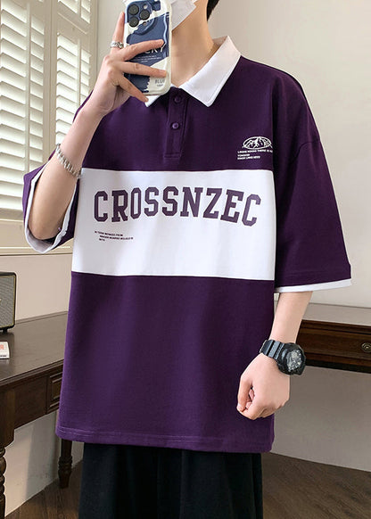 Sleeve New Green Cotton Letter Polo Half Shirt Men Patchwork