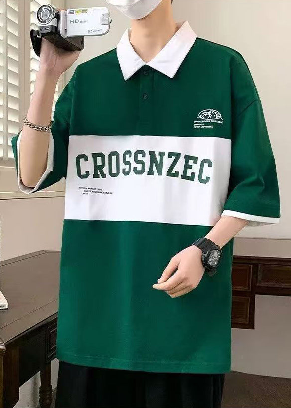 Sleeve New Green Cotton Letter Polo Half Shirt Men Patchwork