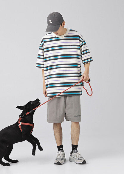 New Green O Neck Striped Cotton Men T Shirt Summer QH011