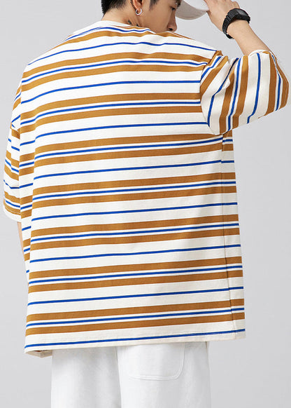 New Green O Neck Striped Cotton Men T Shirt Summer QH011