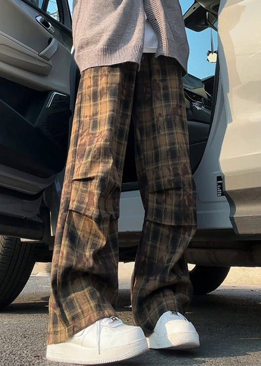 Green Cotton Summer Waist Mens Elastic Pants Plaid New