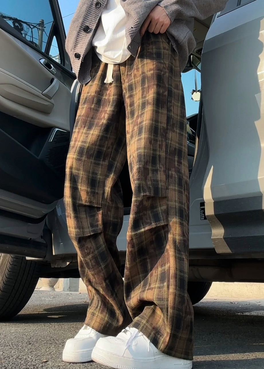 Green Cotton Summer Waist Mens Elastic Pants Plaid New