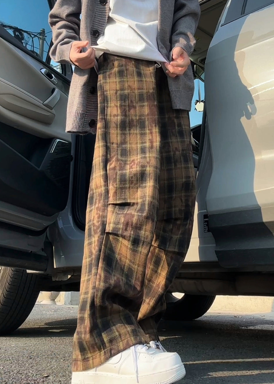 Green Cotton Summer Waist Mens Elastic Pants Plaid New