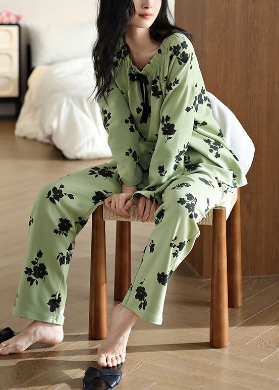 Waist Set Green Elastic Pieces New Fall Pajamas Print Two Cotton