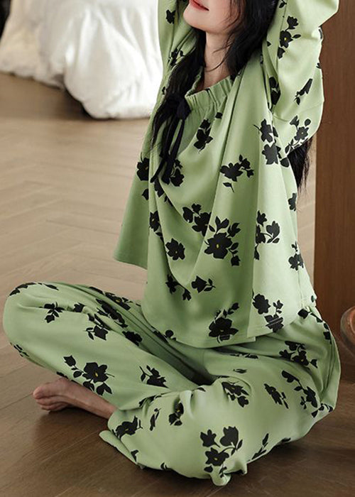 Waist Set Green Elastic Pieces New Fall Pajamas Print Two Cotton