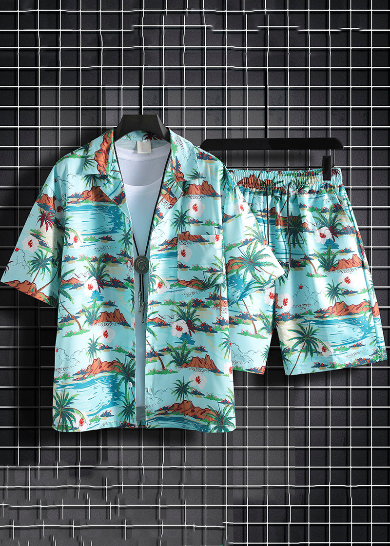 New Green Print Pockets Cotton Men Two Pieces Set Summer HG066
