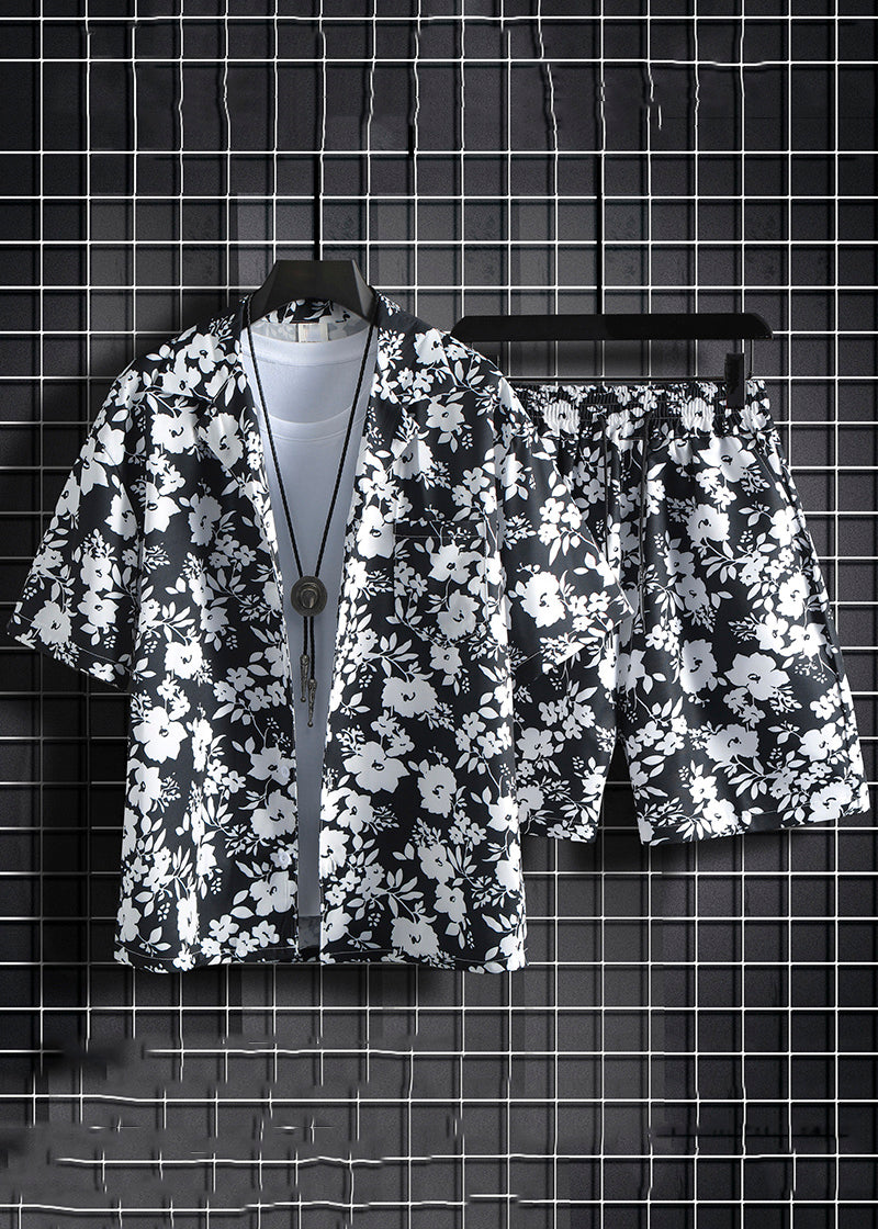 New Green Print Pockets Cotton Men Two Pieces Set Summer HG066