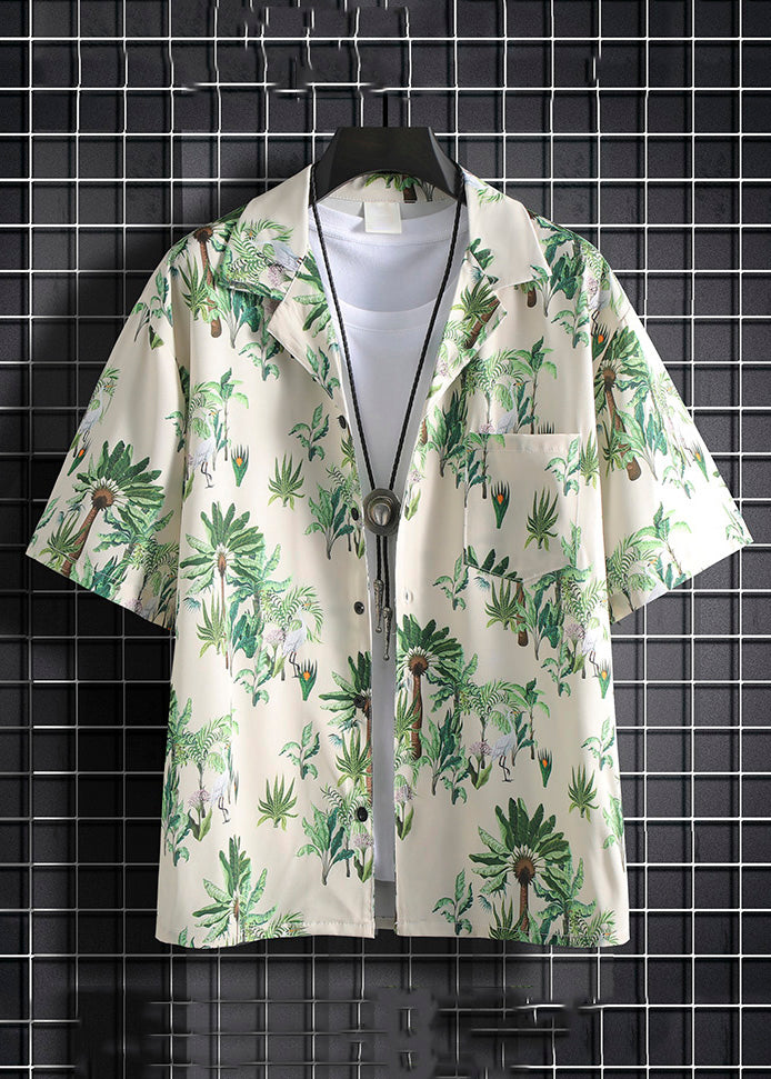 New Green Print Pockets Cotton Men Two Pieces Set Summer HG066