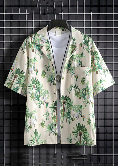 New Green Print Pockets Cotton Men Two Pieces Set Summer HG066