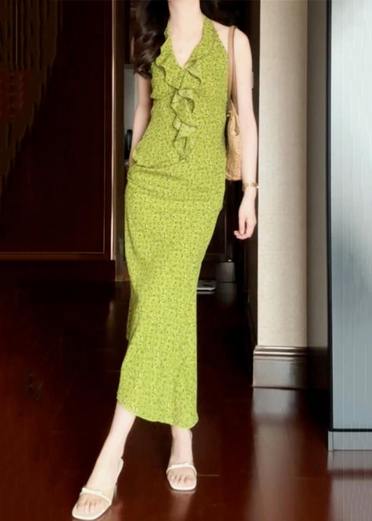 Cotton New Ruffled Dress Print Sleeveless Long Green