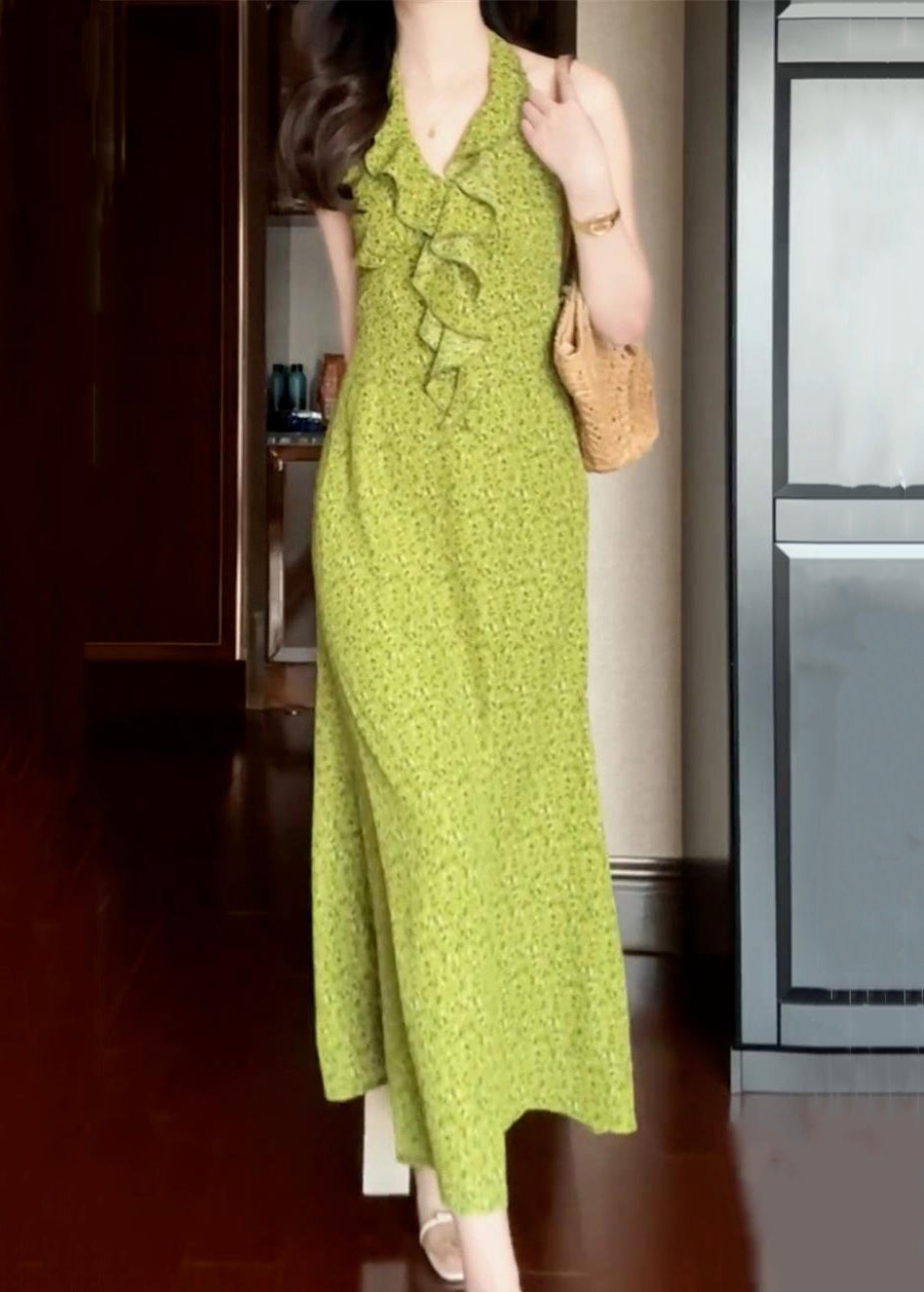 Cotton New Ruffled Dress Print Sleeveless Long Green