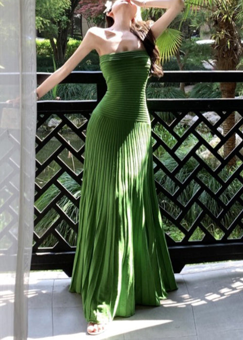 Wrinkled Cotton Green New Strapless knitting Dresses Long