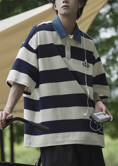 Summer Cotton Polo Striped Men Shirt Button New Green