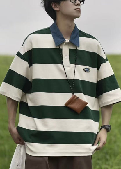 Summer Cotton Polo Striped Men Shirt Button New Green