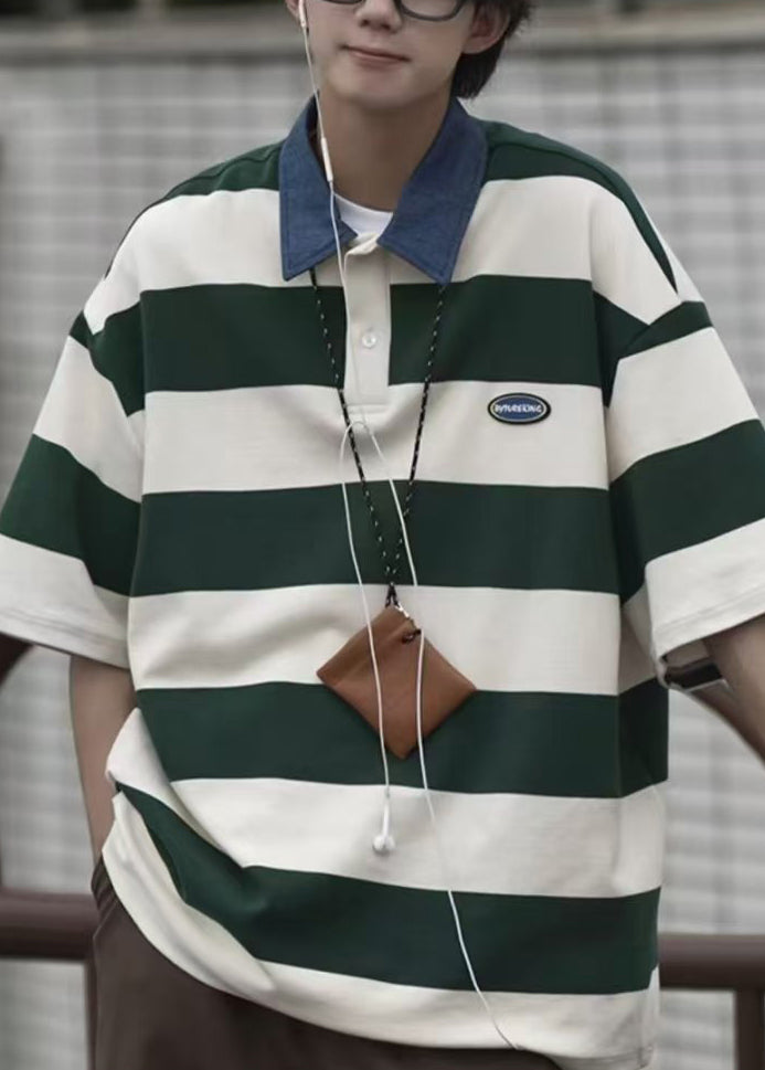 Summer Cotton Polo Striped Men Shirt Button New Green