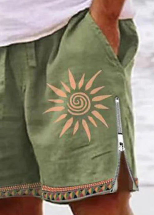 Cotton Zip Men Up New Summer Shorts Waist Print Green Elastic