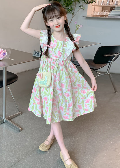 New Green Zippered Print Cotton Girls Long Dress Summer EW058