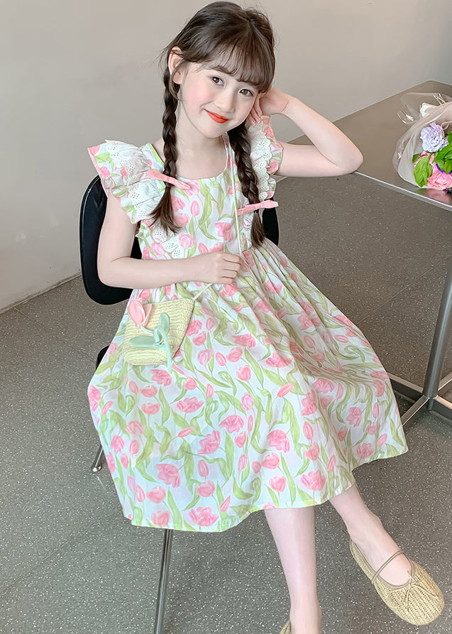 New Green Zippered Print Cotton Girls Long Dress Summer EW058