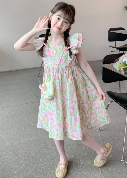 New Green Zippered Print Cotton Girls Long Dress Summer EW058