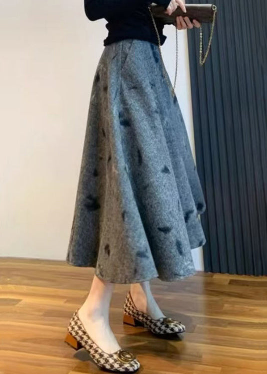 Grey Skirt Embroidered High Waist Woolen New Spring