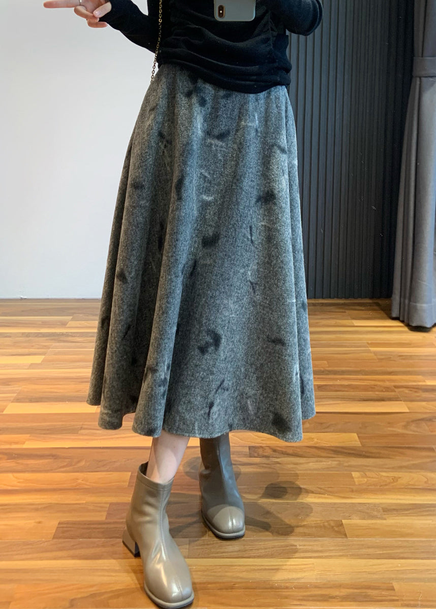 Grey Skirt Embroidered High Waist Woolen New Spring