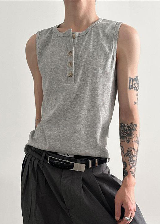 Tank Cotton Button New Grey Neck Men O Summer