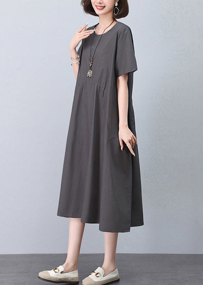 New Grey O Neck Pockets Cotton Dresses Summer MN052