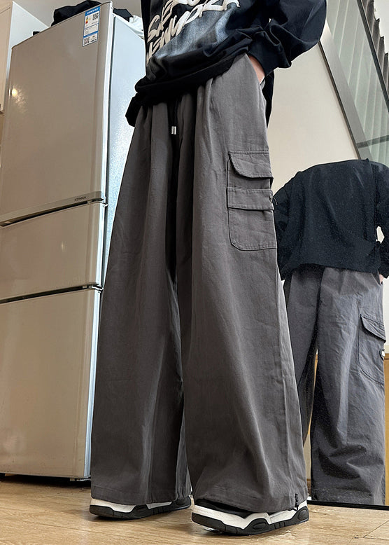 New Summer Mens Cotton Pockets Waist Elastic Pants Grey