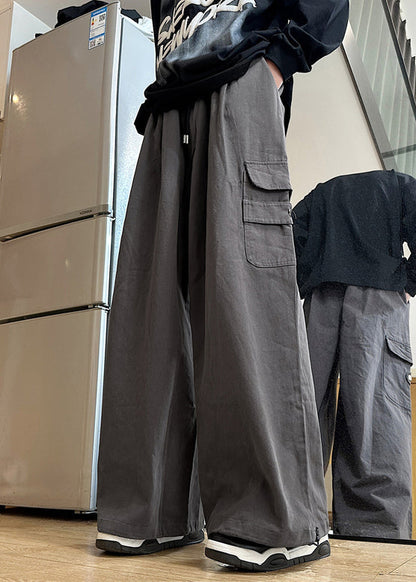 New Summer Mens Cotton Pockets Waist Elastic Pants Grey