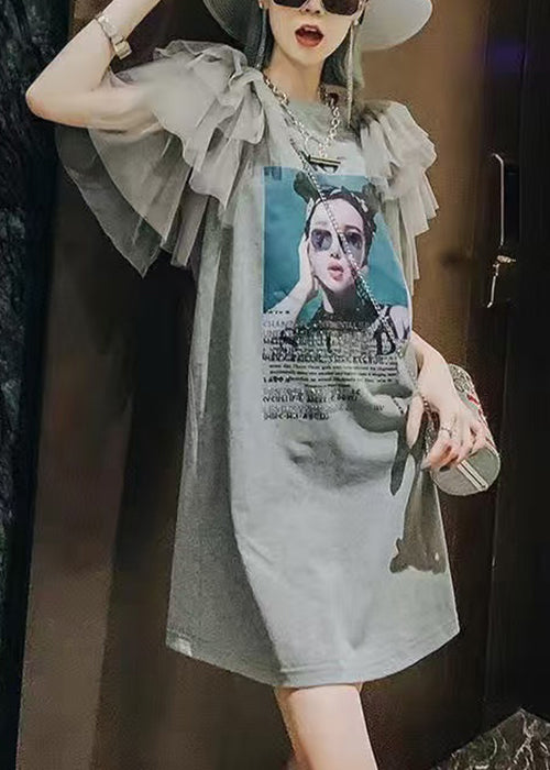 Cotton New Dress Tulle Grey Shirts Patchwork Print T Summer