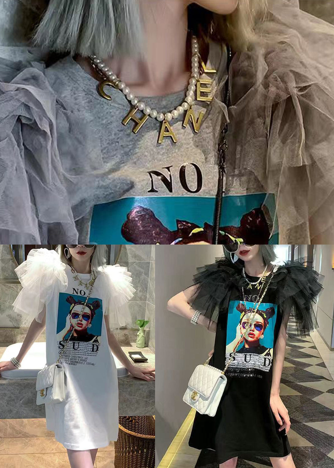 Cotton New Dress Tulle Grey Shirts Patchwork Print T Summer