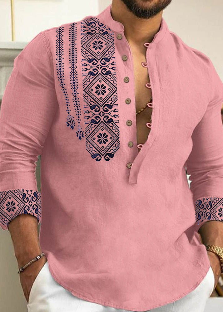 Stand Cotton Men's New Print Grey Fall Collar Shirts