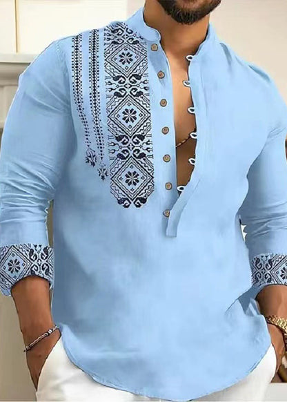 Stand Cotton Men's New Print Grey Fall Collar Shirts