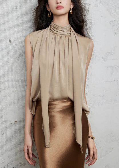 Bow Khaki New Sleeveless Silk Wrinkled Shirt