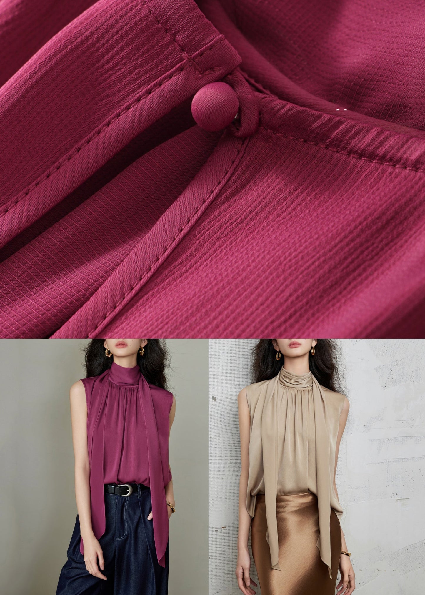 Bow Khaki New Sleeveless Silk Wrinkled Shirt