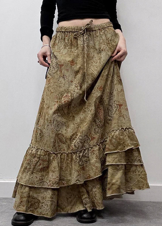 New Cotton Ruffled Elastic Khaki Waist Summer Maxi Skirts Print