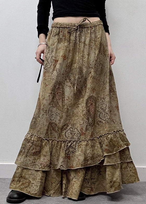 New Cotton Ruffled Elastic Khaki Waist Summer Maxi Skirts Print