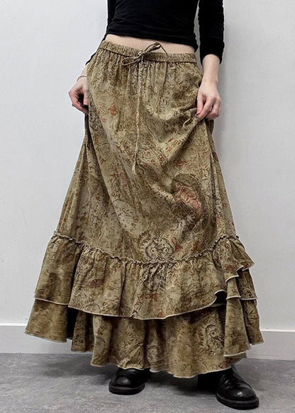 New Cotton Ruffled Elastic Khaki Waist Summer Maxi Skirts Print