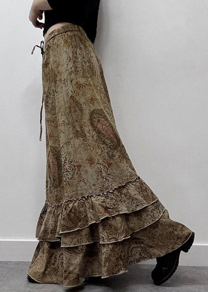 New Cotton Ruffled Elastic Khaki Waist Summer Maxi Skirts Print