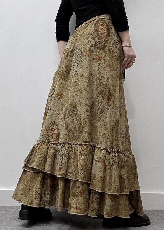 New Cotton Ruffled Elastic Khaki Waist Summer Maxi Skirts Print