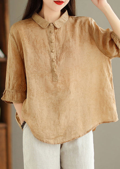 New Khaki Solid Button Print Linen Shirt Summer GG044