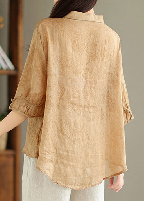 New Khaki Solid Button Print Linen Shirt Summer GG044